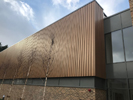Project: The German School - Richmond. Fire Retardant treated and factory coated Siberian Larch. Grade: Unsorted. Profile: 20f x 120f PAR Eased four edges.