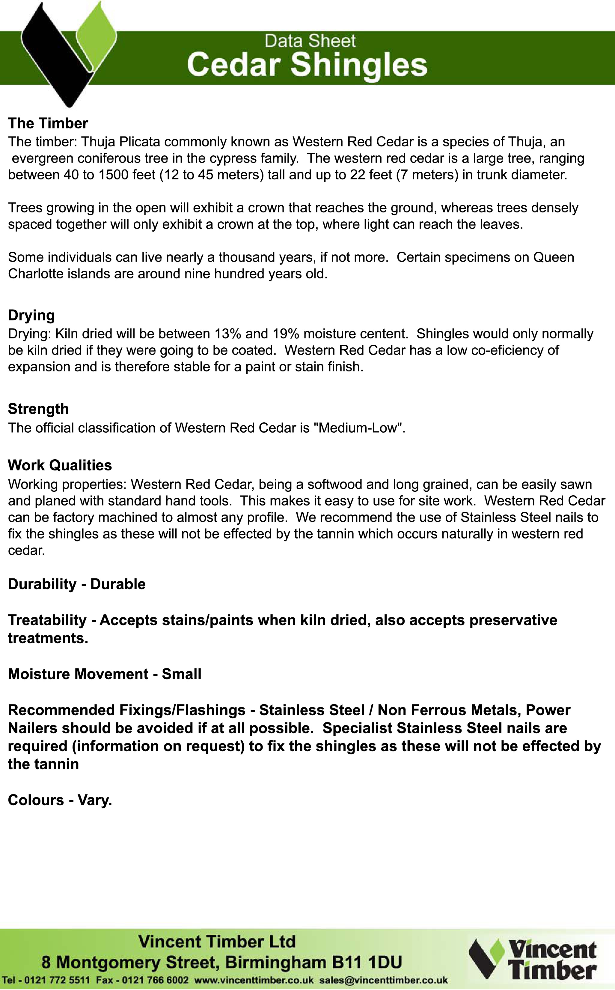 Data Sheet for Western Red Cedar Shingles