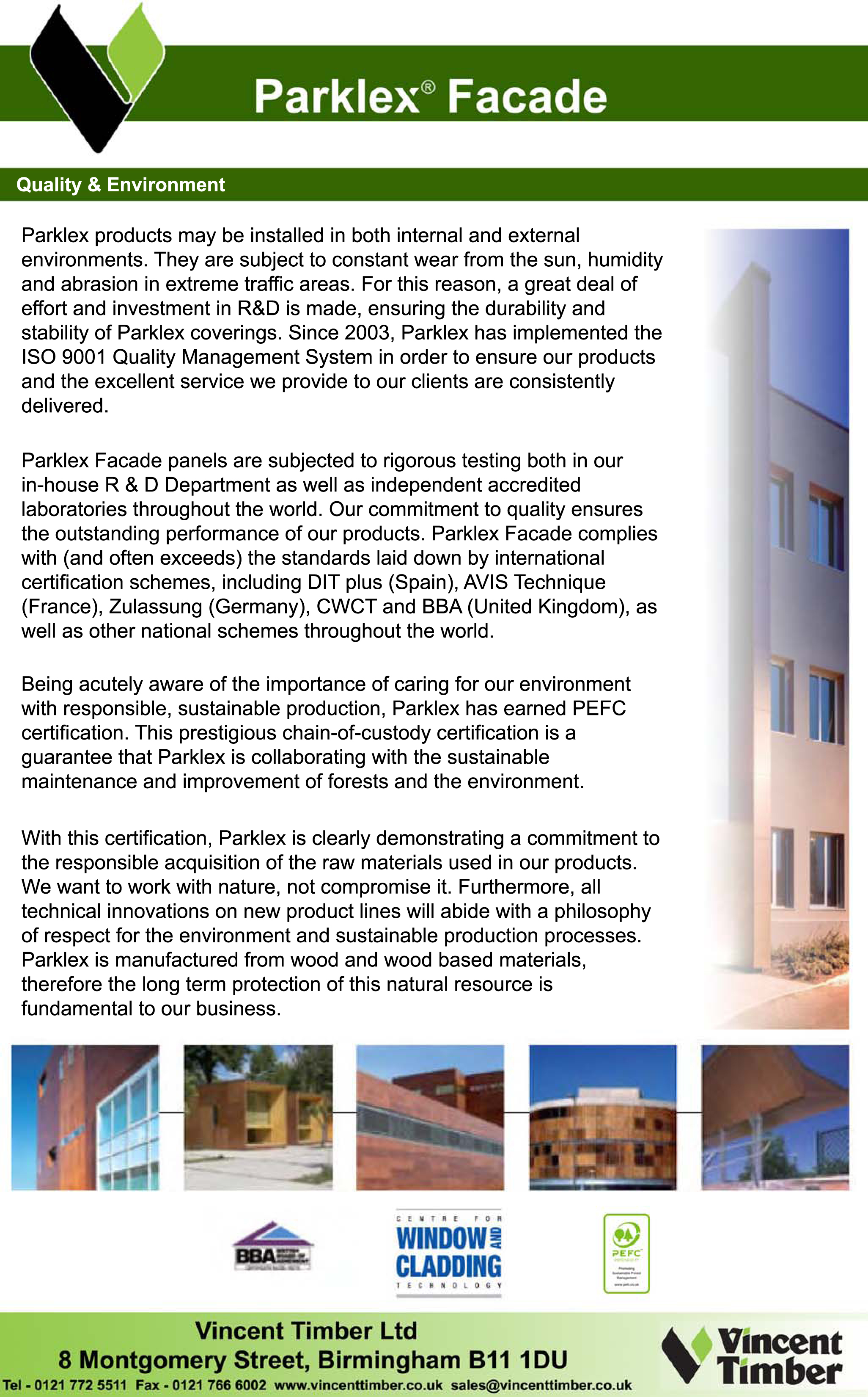 Quality and Environment aspects of Parklex Facade